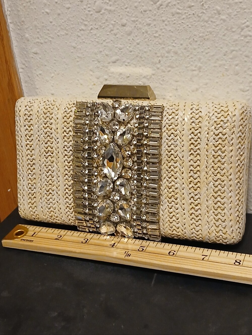 VENUS Woven Straw Evening Clutch Bag with Crystal Embellishments